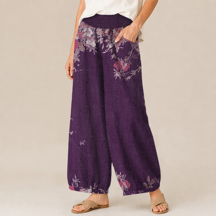 Buddha Stones Baumwoll-Haremshose für Damen mit rotem, geblümtem Boho-Muster, Falten, elastischem Bund und Taschen - image 7