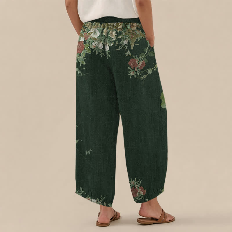 Buddha Stones Baumwoll-Haremshose für Damen mit rotem, geblümtem Boho-Muster, Falten, elastischem Bund und Taschen - image 12
