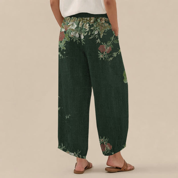 Buddha Stones Baumwoll-Haremshose für Damen mit rotem, geblümtem Boho-Muster, Falten, elastischem Bund und Taschen - image 12