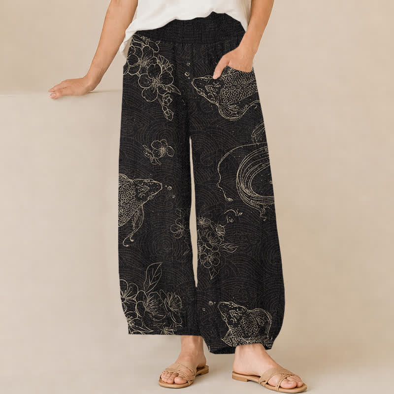 Buddha Stones Vintage-Haremshose aus Baumwolle mit Koi-Fisch- und Blumenmuster, Falten, elastischem Bund und Taschen - Schwarz - US16, UK/AU20, EU48 (3XL) - image 0