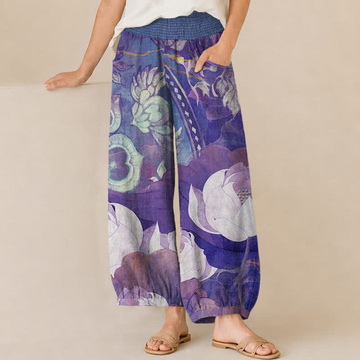 Buddha Stones Weiße Baumwoll-Haremshose mit Lotusblütenmuster, Falten, elastischem Bund und Taschen - Blauviolett - US16, UK/AU20, EU48 (3XL) - image 10