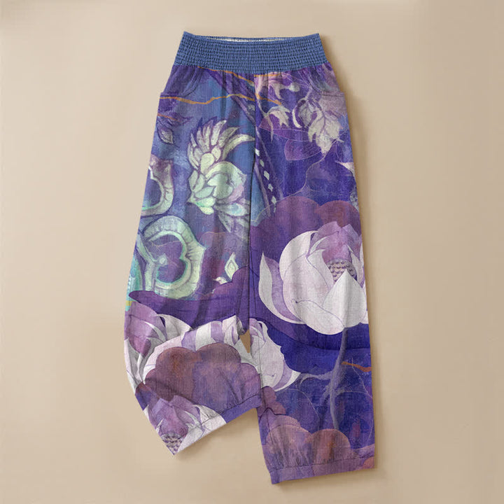 Buddha Stones Weiße Baumwoll-Haremshose mit Lotusblütenmuster, Falten, elastischem Bund und Taschen - image 13