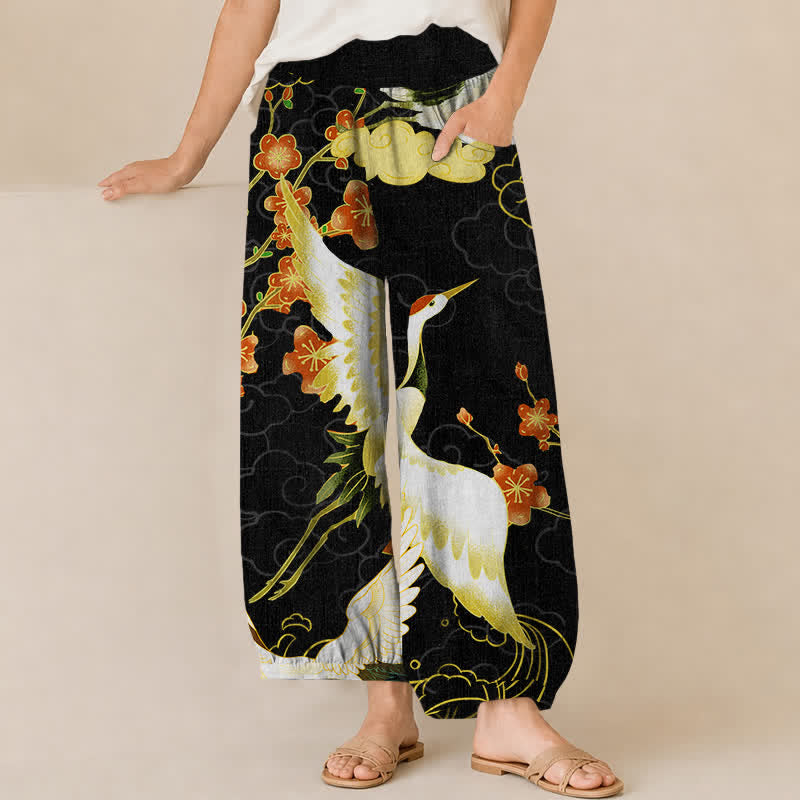 Buddha Stones Baumwoll-Haremshose für Damen mit orientalischem Kranichblütenmuster, Falten, elastischem Bund und Taschen - Schwarz - US16, UK/AU20, EU48 (3XL) - image 0