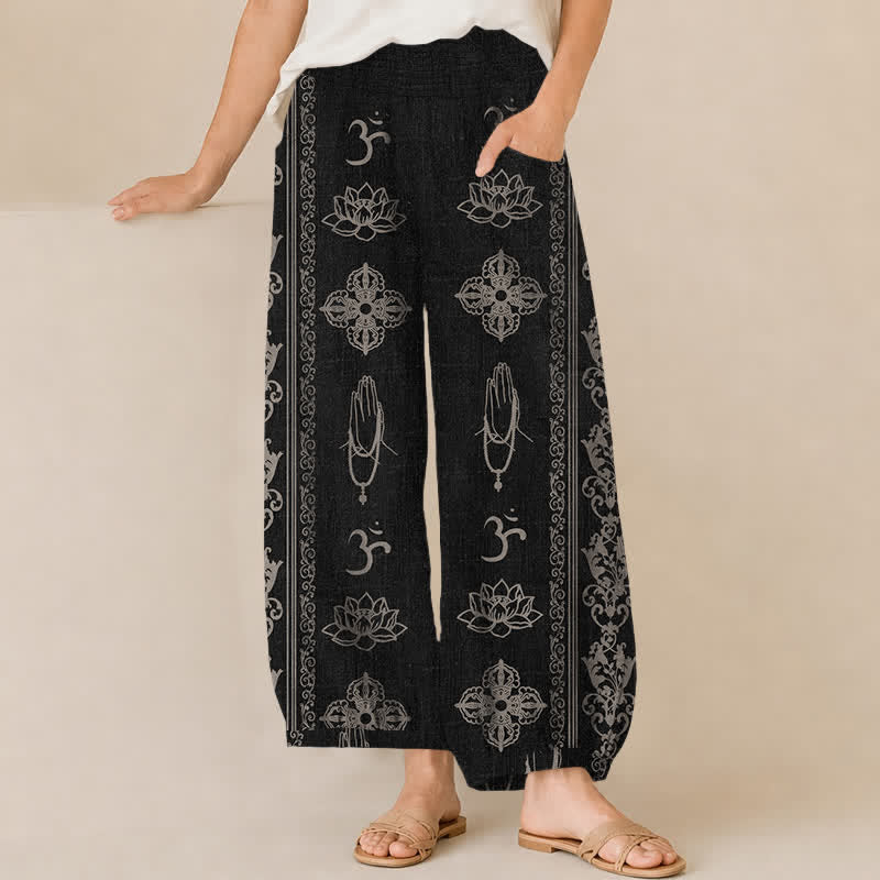 Buddha Stones Baumwoll-Haremshose mit Lotus-Doppel-Dorje-Vajra-Namaste-Om-Muster, Falten und elastischem Bund sowie Taschen - Schwarz - US16, UK/AU20, EU48 (3XL) - image 0