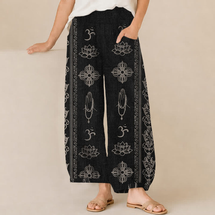 Buddha Stones Baumwoll-Haremshose mit Lotus-Doppel-Dorje-Vajra-Namaste-Om-Muster, Falten und elastischem Bund sowie Taschen - Schwarz - US16, UK/AU20, EU48 (3XL) - image 0