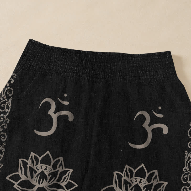 Buddha Stones Baumwoll-Haremshose mit Lotus-Doppel-Dorje-Vajra-Namaste-Om-Muster, Falten und elastischem Bund sowie Taschen - image 4