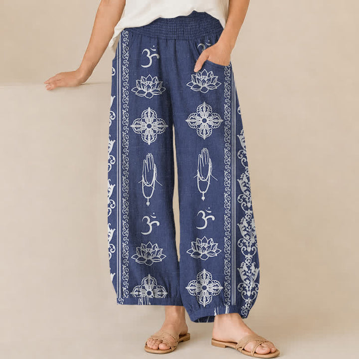 Buddha Stones Baumwoll-Haremshose mit Lotus-Doppel-Dorje-Vajra-Namaste-Om-Muster, Falten und elastischem Bund sowie Taschen - Kornblumenblau - US16, UK/AU20, EU48 (3XL) - image 10