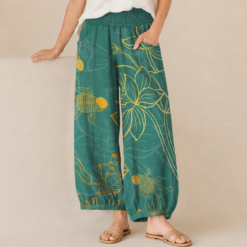 Buddha Stones Haremshose aus Baumwolle mit goldenem Lotus-Koi-Fischmuster, Falten und elastischem Bund, Taschen - Türkis - US16, UK/AU20, EU48 (3XL) - image 0