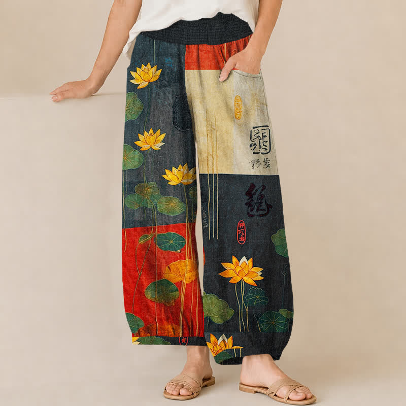 Buddha Stones Baumwoll-Haremshose für Damen mit orientalischem gelbem Lotus-Kalligrafiemuster, Faltenbund und Taschen - Schwarz - US16, UK/AU20, EU48 (3XL) - image 0
