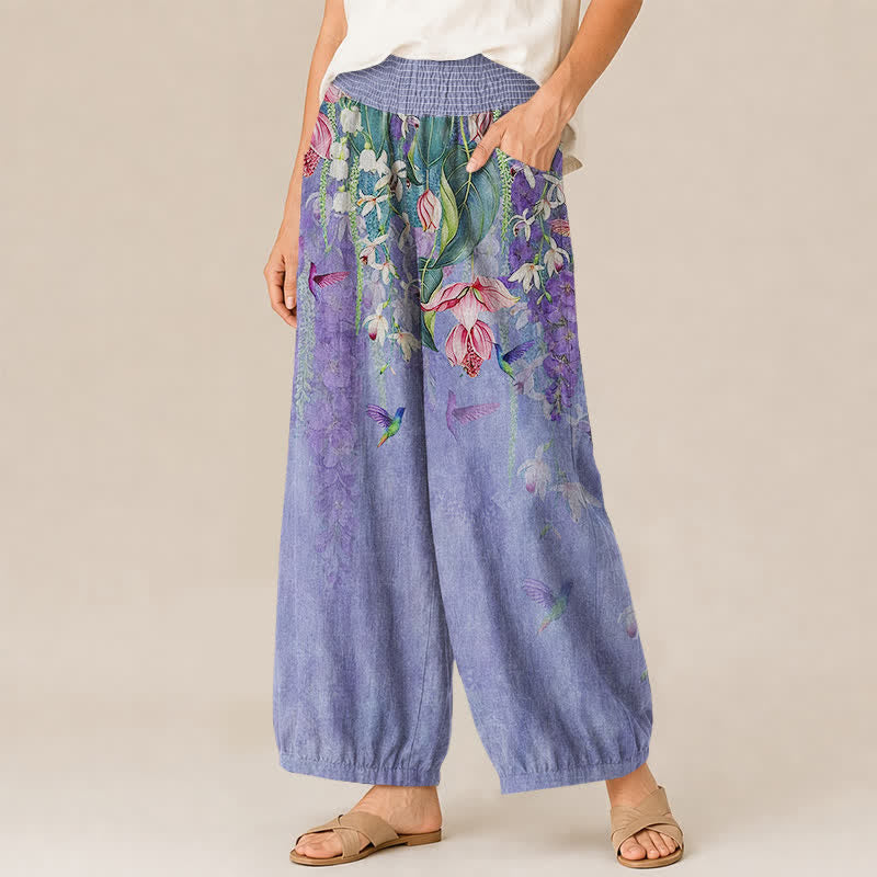 Buddha Stones Baumwoll-Haremshose für Damen mit Lavendel-Blumenmuster, Kolibri-Gartenmotiv, Falten und elastischem Bund, mit Taschen - image 1