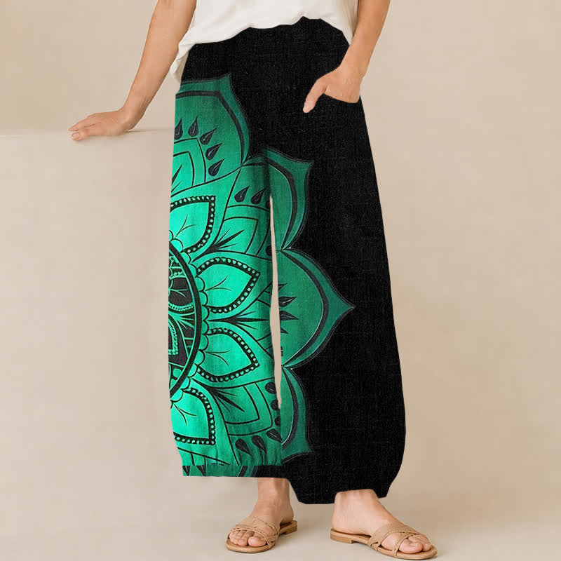 Buddha Stones Baumwoll-Haremshose für Damen mit böhmischem Mandala-Blumenmuster, Faltenbund und Taschen - Schwarz - US16, UK/AU20, EU48 (3XL) - image 0