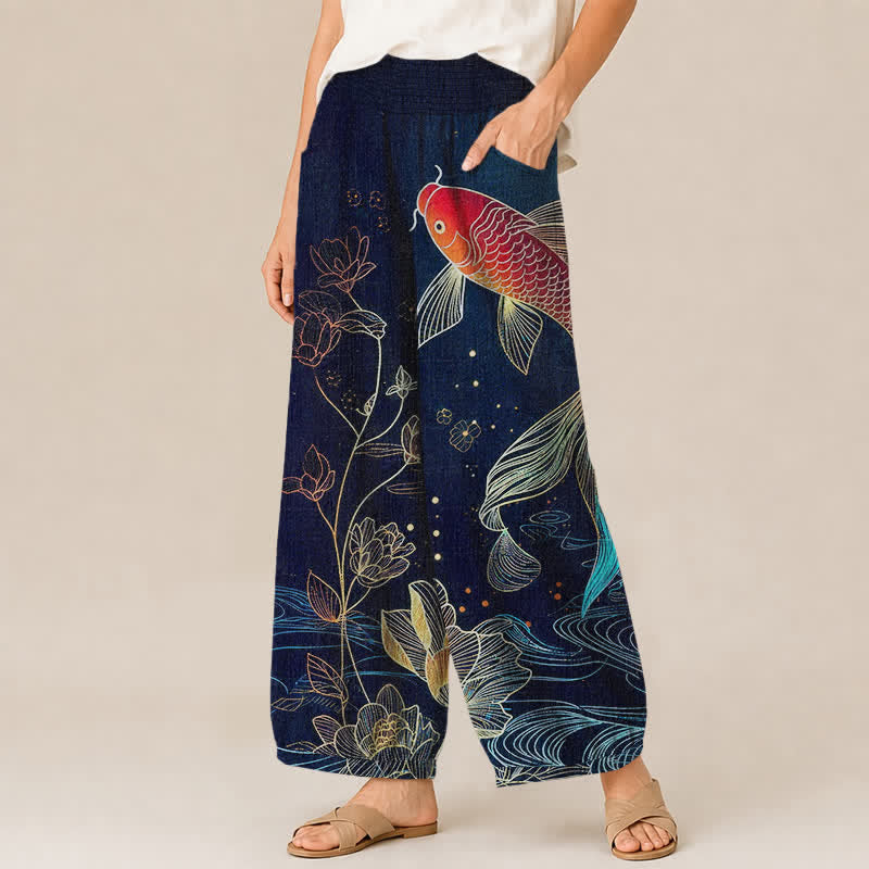 Buddha Stones Baumwoll-Haremshose für Damen mit rotem Koi-Fisch-Lotus-Wellenmuster, Falten und elastischem Bund, Taschen - image 1