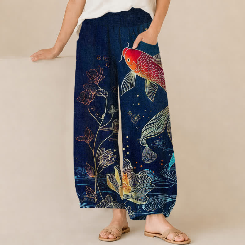 Buddha Stones Baumwoll-Haremshose für Damen mit rotem Koi-Fisch-Lotus-Wellenmuster, Falten und elastischem Bund, Taschen - Marine - US16, UK/AU20, EU48 (3XL) - image 0