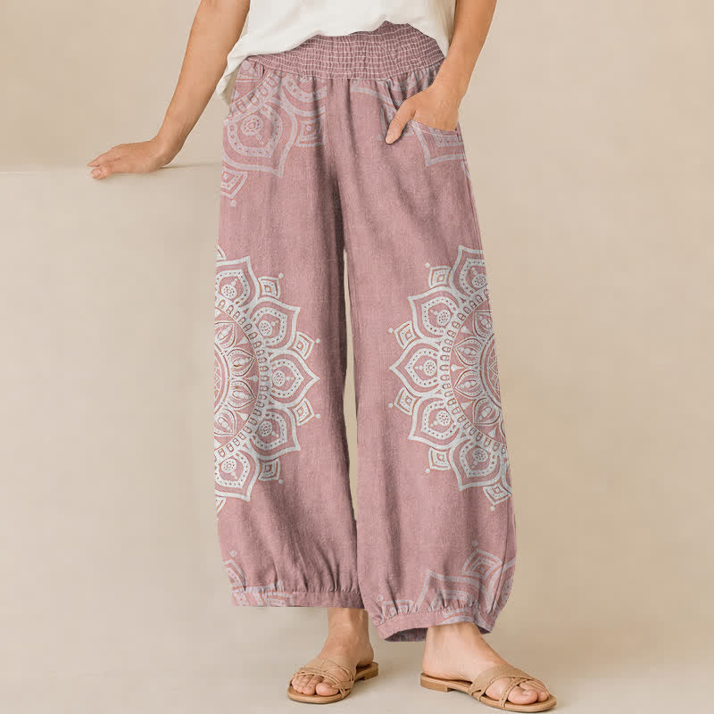 Buddha Stones Weiße Baumwoll-Haremshose im Boho-Stil mit Mandala-Blumenmuster, Falten und elastischem Bund, Taschen und Falten - Hellrosa - US16, UK/AU20, EU48 (3XL) - image 0