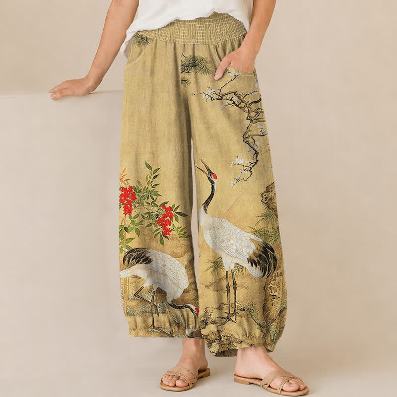 Buddha Stones Baumwoll-Haremshose für Damen mit orientalischem Muster, weißem Kranichmuster und roten Blüten, Falten, elastischem Bund und Taschen - Bräunen - US16, UK/AU20, EU48 (3XL) - image 0