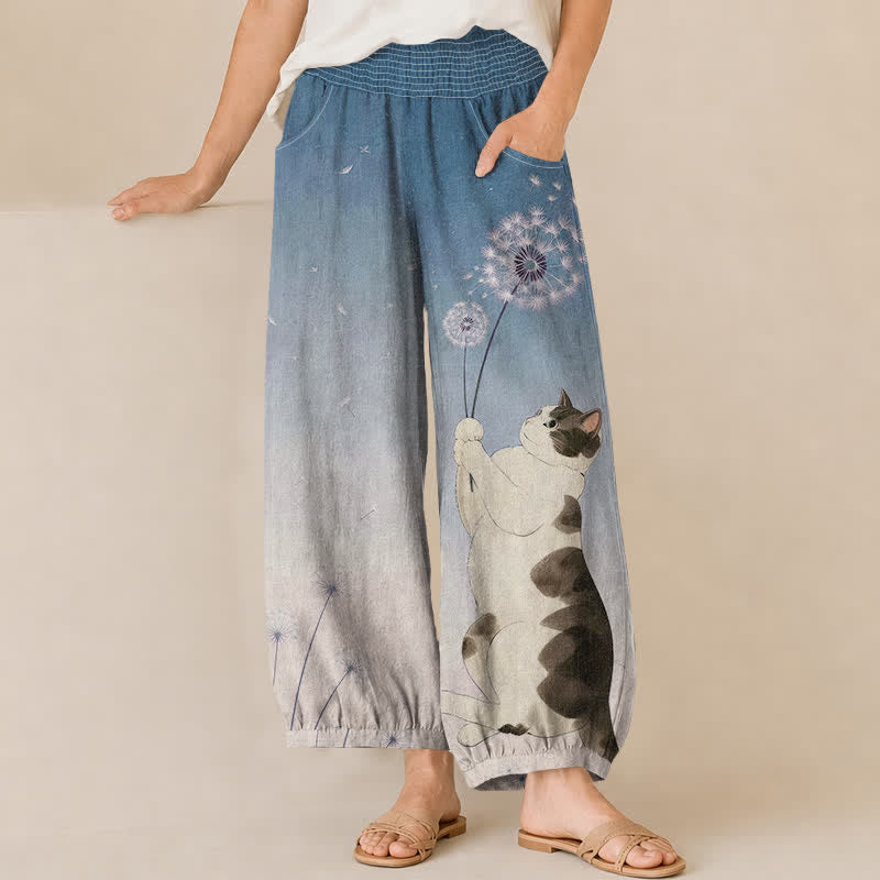 Buddha Stones Baumwoll-Haremshose für Damen mit verspieltem Katzen- und Löwenzahnmuster, Faltenbund und Taschen - Hellstahlblau - US16, UK/AU20, EU48 (3XL) - image 0
