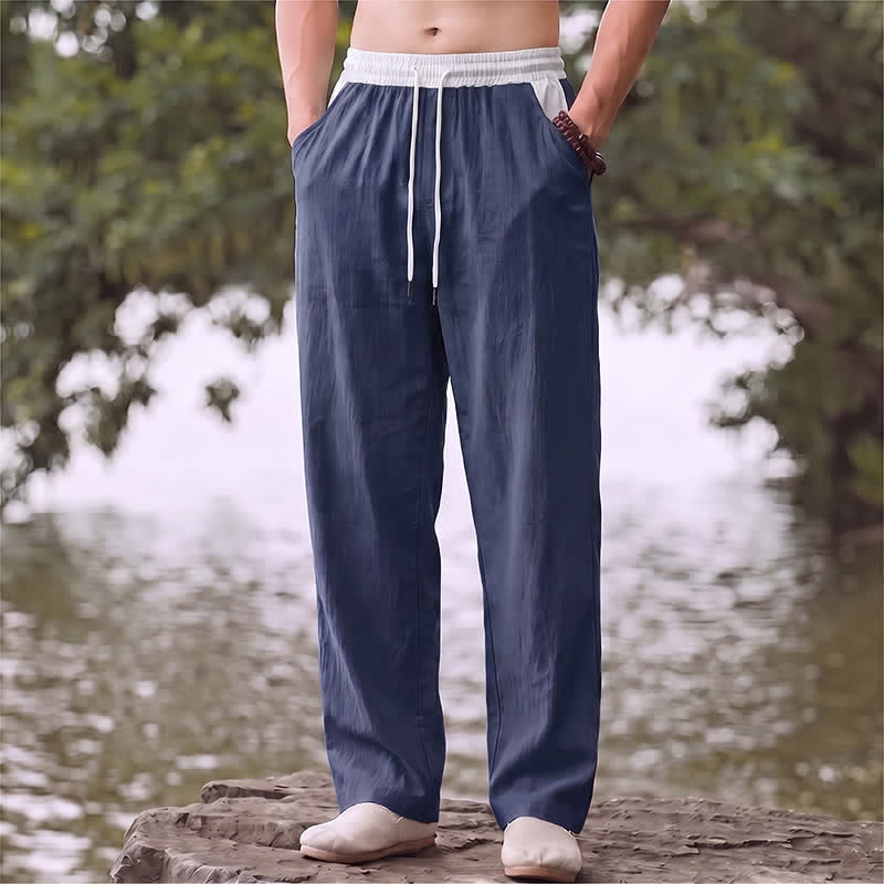Buddha Stones Lässige, lange Herrenhose aus Baumwoll-Leinen-Mischgewebe mit geradem Bein und Taschen, Farbblock-Design, Kordelzug, geradem Bein und Taschen (Frühling/Sommer) - Mitternachtsblau - US/UK/AU42, EU52 (3XL) - image 0