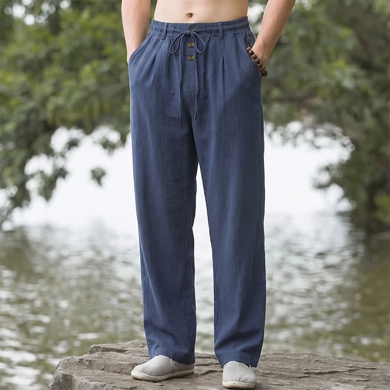 Buddha Stones Klassische lange Herrenhose mit Zierknöpfen, Kordelzug und geradem Bein, Taschen – ideal für Frühling und Sommer - Marine - US/UK/AU42, EU52 (3XL) - image 0