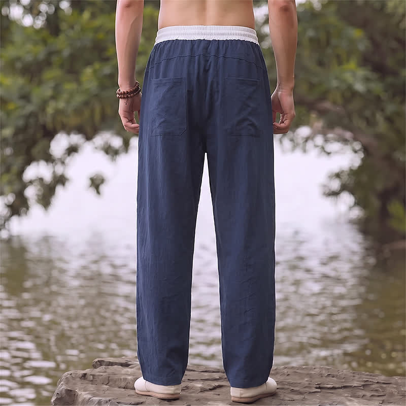 Buddha Stones Lässige, lange Herrenhose aus Baumwoll-Leinen-Mischgewebe mit geradem Bein und Taschen, Farbblock-Design, Kordelzug, geradem Bein und Taschen (Frühling/Sommer) - image 1