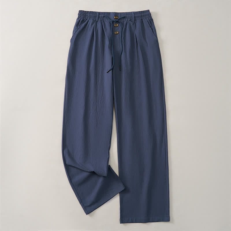 Buddha Stones Klassische lange Herrenhose mit Zierknöpfen, Kordelzug und geradem Bein, Taschen – ideal für Frühling und Sommer - image 1