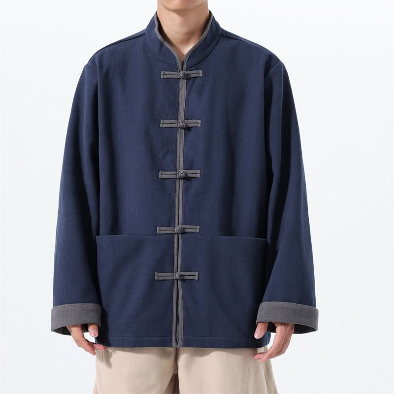 Buddha Stones Herbst/Winter Tang Style Vintage Froschknopf Herrenjacke aus einfarbiger Baumwolle mit Taschen - Marine - US/UK/AU46, EU56 (5XL) - image 0