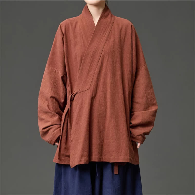 Buddha Stones Herbst/Winter Tang Style Minimalistischer Kimono für Herren aus einfarbiger Baumwolle mit Kordelzug und Taschen - Sienna - US/UK/AU46, EU56 (5XL) - image 0