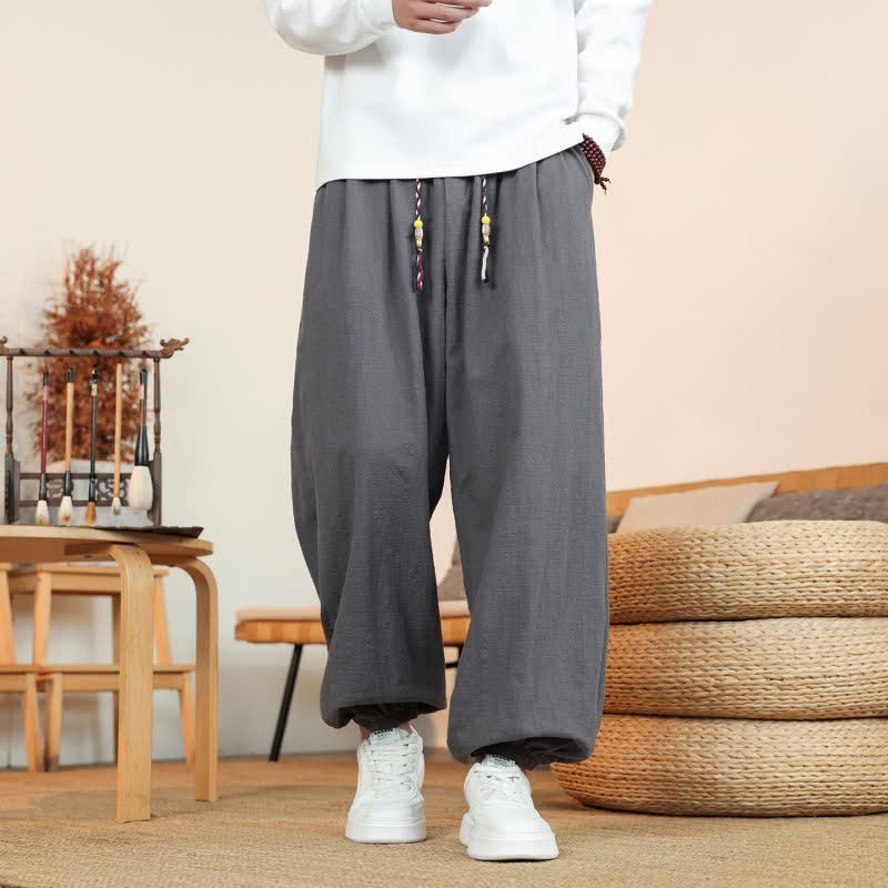 Buddha Stones Lässige, minimalistische Herren-Ankle-Hose aus einfarbigem Baumwollstoff mit Kordelzug und geradem Bein sowie Taschen für den Herbst - image 1