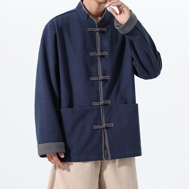 Buddha Stones Herbst/Winter Tang Style Vintage Froschknopf Herrenjacke aus einfarbiger Baumwolle mit Taschen - image 1