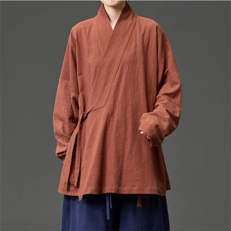 Buddha Stones Herbst/Winter Tang Style Minimalistischer Kimono für Herren aus einfarbiger Baumwolle mit Kordelzug und Taschen - image 1
