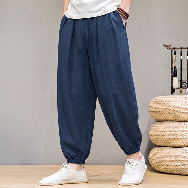 Buddha Stones Klassische, einfarbige Herren-Haremshose im Retro-Stil mit Kordelzug und Taschen - image 1