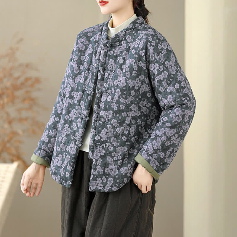 Buddha Stones Winter Vintage Tang Style Froschknopf Blumenmuster Damenjacke - image 3