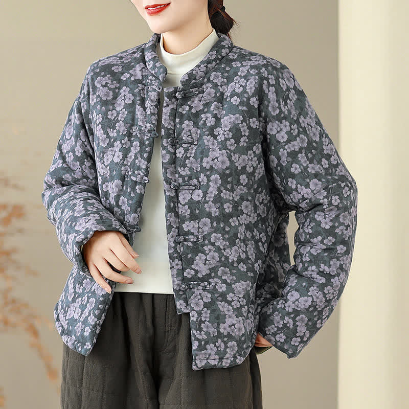Buddha Stones Winter Vintage Tang Style Froschknopf Blumenmuster Damenjacke - image 5