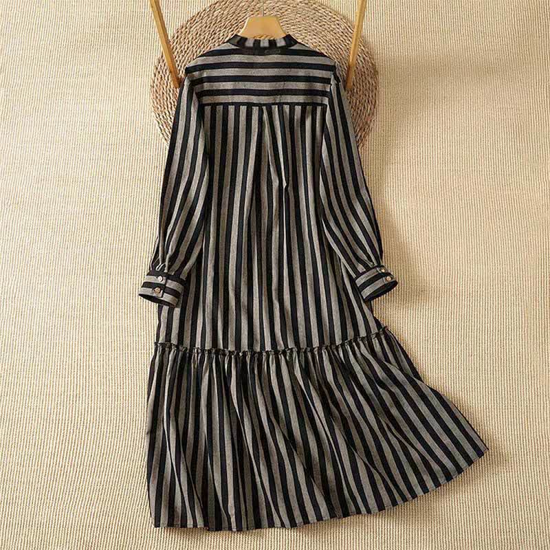 Buddha Stones Lässiges, langärmeliges Damenkleid im Vintage-Stil mit Stehkragen, Kordelzug, Streifen und Taschen im Tang-Stil für den Herbst - image 1