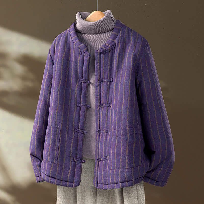 Buddha Stones Winter Casual Tang Style Froschknopf Lila gestreifte Damenjacke mit Taschen - RebeccaPurple - US8-10, UK/AU12-14, EU40-42 (2XL) - image 0