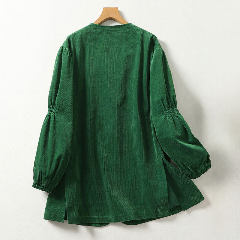 Buddha Stones Lässige Vintage-Damenjacke im Herbst-Winter-Stil mit Kordelzug, einfarbig grün, aus Cord, mit V-Ausschnitt und Taschen - image 1