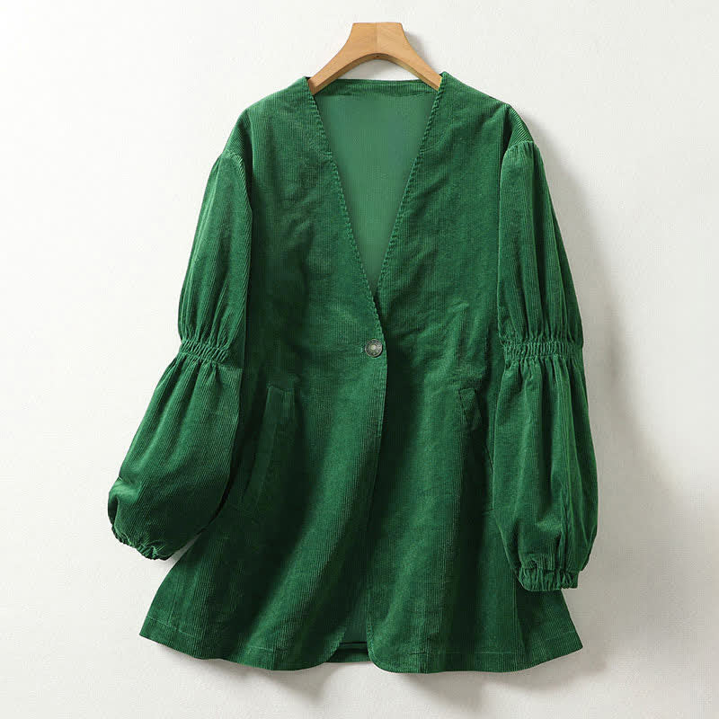 Buddha Stones Lässige Vintage-Damenjacke im Herbst-Winter-Stil mit Kordelzug, einfarbig grün, aus Cord, mit V-Ausschnitt und Taschen - Waldgrün - US8-10, UK/AU12-14, EU40-42 (2XL) - image 0