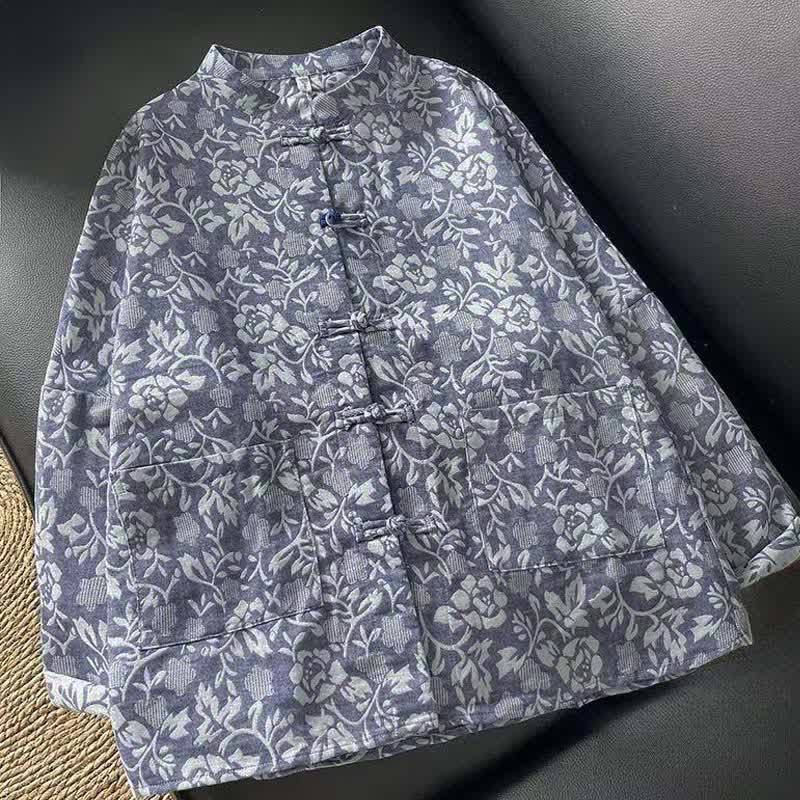 Buddha Stones Herbstliches Tang Style Vintage Damen Langarmhemd mit Froschknopf und Blumenmuster, mit Taschen - SteelBlue - US8-10, UK/AU12-14, EU40-42 (2XL) - image 0