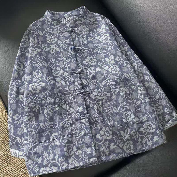 Buddha Stones Herbstliches Tang Style Vintage Damen Langarmhemd mit Froschknopf und Blumenmuster, mit Taschen - SteelBlue - US8-10, UK/AU12-14, EU40-42 (2XL) - image 0