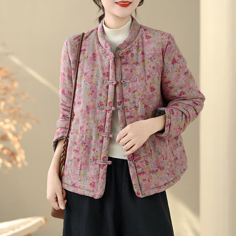 Buddha Stones Winter Vintage Tang Style Froschknopf Rosa Blumenmuster Damenjacke mit Taschen - image 1