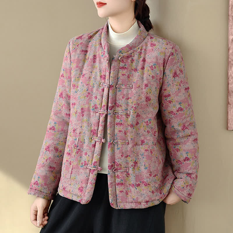 Buddha Stones Winter Vintage Tang Style Froschknopf Rosa Blumenmuster Damenjacke mit Taschen - Blassviolettrot - US8-10, UK/AU12-14, EU40-42 (2XL) - image 0