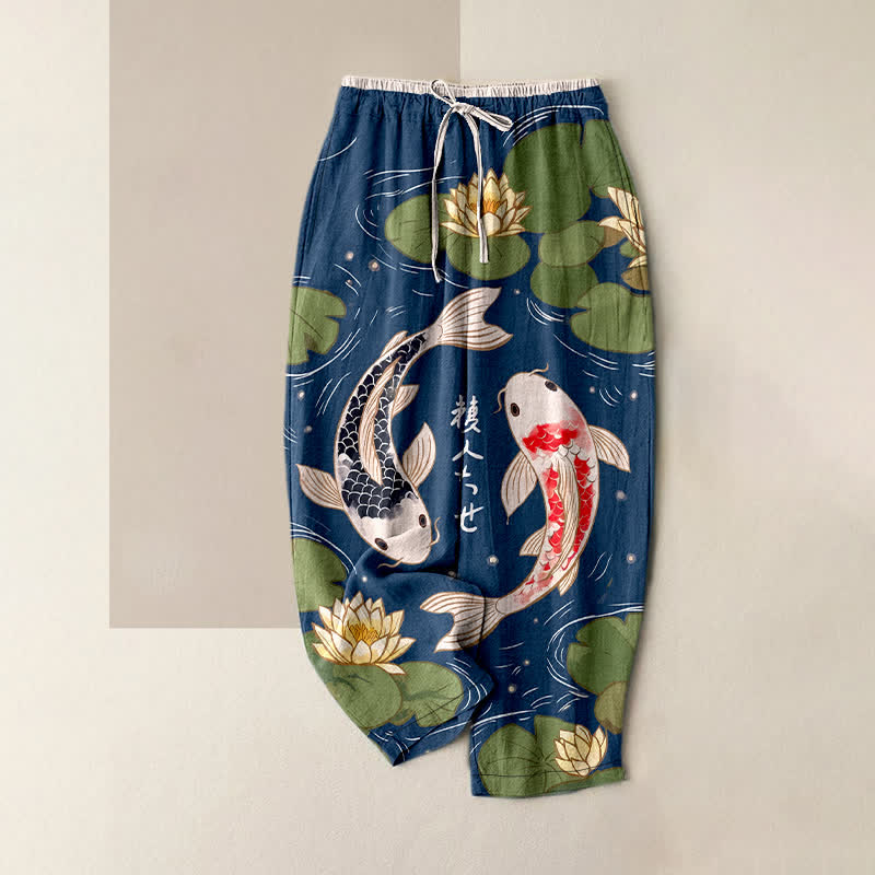Buddha Stones Damenhose aus reiner Baumwolle mit japanischem Koi-Lotus-Muster, elastischem Bund und Taschen - Marine - US16, UK/AU20, EU48 (3XL) - image 0