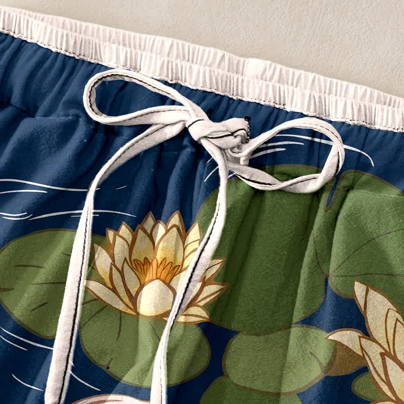 Buddha Stones Damenhose aus reiner Baumwolle mit japanischem Koi-Lotus-Muster, elastischem Bund und Taschen - image 1