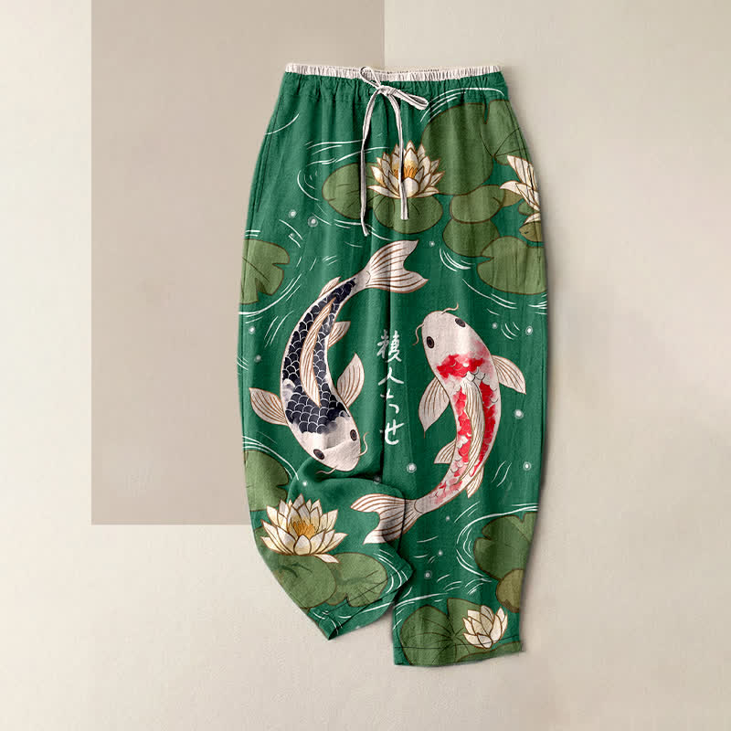 Buddha Stones Damenhose aus reiner Baumwolle mit japanischem Koi-Lotus-Muster, elastischem Bund und Taschen - Mittelseegrün - US16, UK/AU20, EU48 (3XL) - image 4