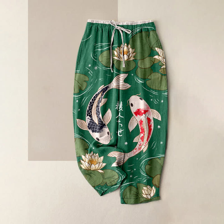 Buddha Stones Damenhose aus reiner Baumwolle mit japanischem Koi-Lotus-Muster, elastischem Bund und Taschen - Mittelseegrün - US16, UK/AU20, EU48 (3XL) - image 4