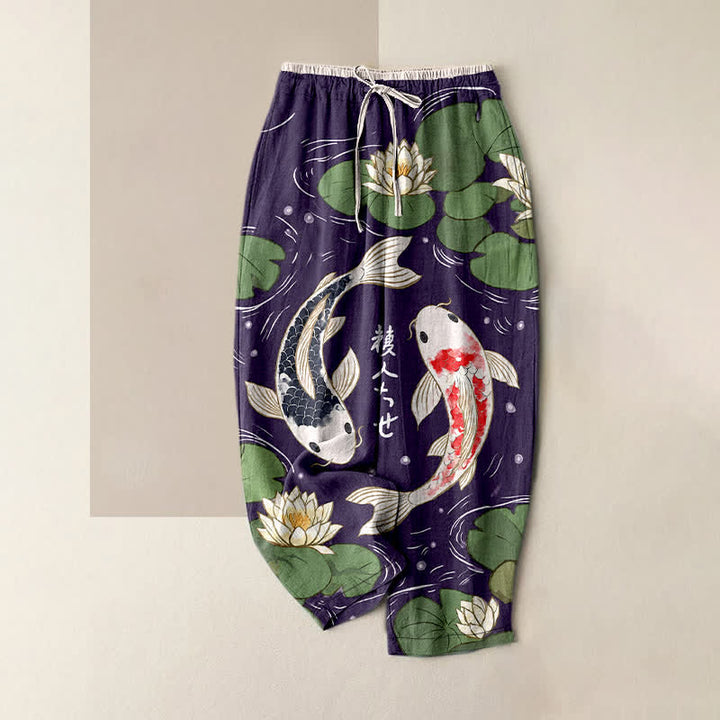 Buddha Stones Damenhose aus reiner Baumwolle mit japanischem Koi-Lotus-Muster, elastischem Bund und Taschen - Indigo - US16, UK/AU20, EU48 (3XL) - image 5
