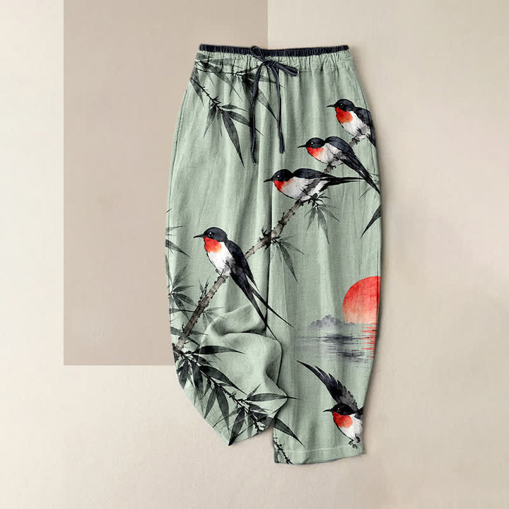 Buddha Stones Damenhose aus reiner Baumwolle mit orientalischem Vogel- und Bambusmuster, elastischem Bund und Taschen - Aquamarin - US16, UK/AU20, EU48 (3XL) - image 0