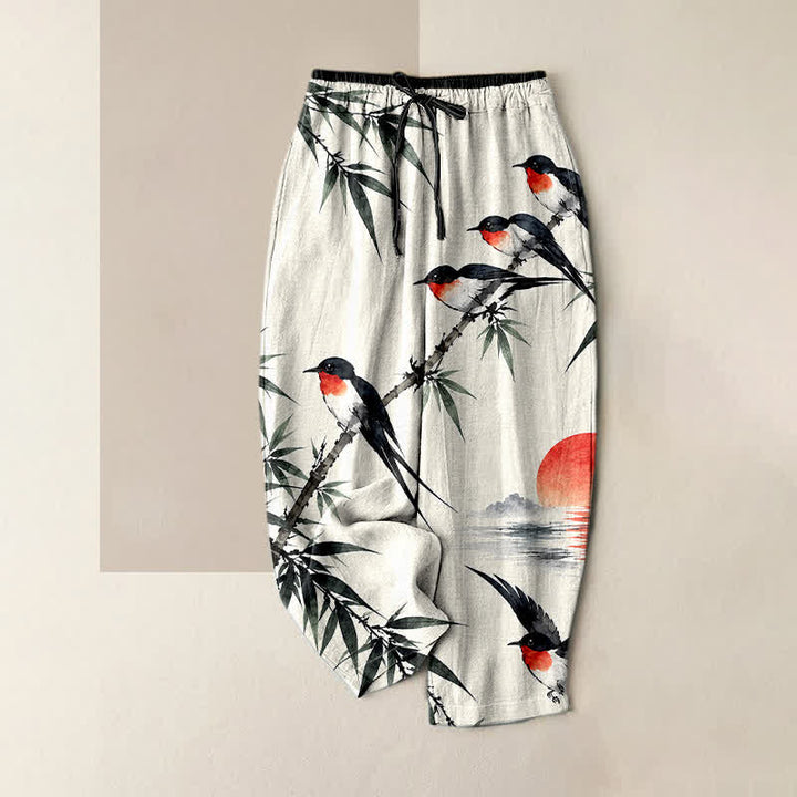 Buddha Stones Damenhose aus reiner Baumwolle mit orientalischem Vogel- und Bambusmuster, elastischem Bund und Taschen - Elfenbein - US16, UK/AU20, EU48 (3XL) - image 3