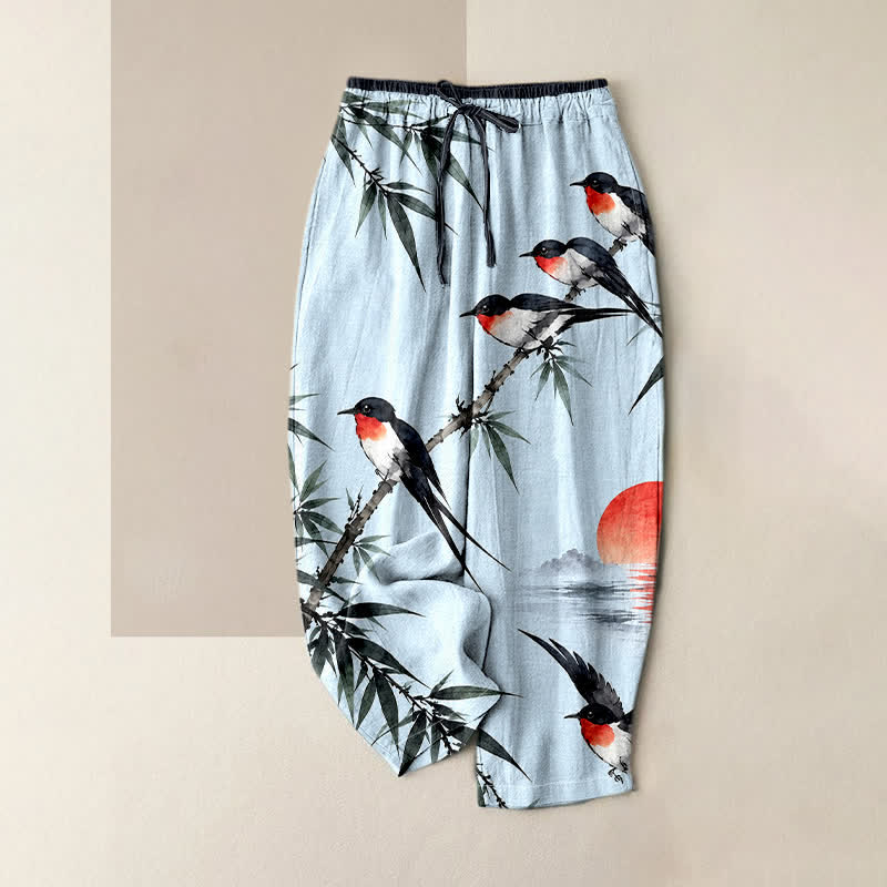 Buddha Stones Damenhose aus reiner Baumwolle mit orientalischem Vogel- und Bambusmuster, elastischem Bund und Taschen - Hellcyan - US16, UK/AU20, EU48 (3XL) - image 4
