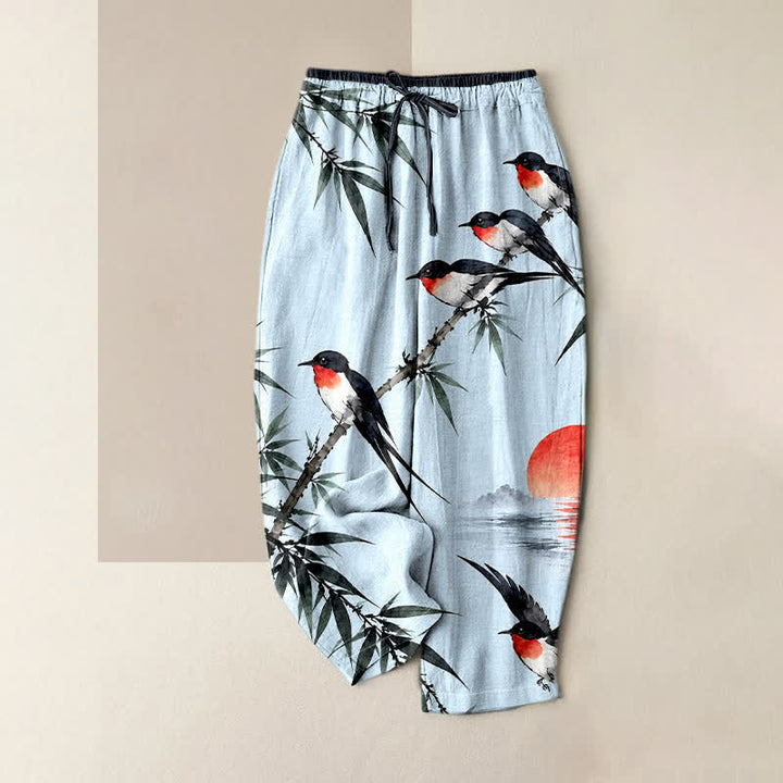 Buddha Stones Damenhose aus reiner Baumwolle mit orientalischem Vogel- und Bambusmuster, elastischem Bund und Taschen - Hellcyan - US16, UK/AU20, EU48 (3XL) - image 4