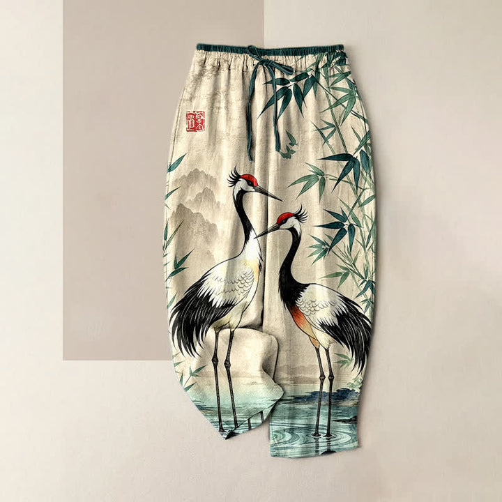 Buddha Stones Damenhose aus reiner Baumwolle mit orientalischem Kranich- und Bambusmuster, elastischem Bund und Taschen - Beige - US16, UK/AU20, EU48 (3XL) - image 0